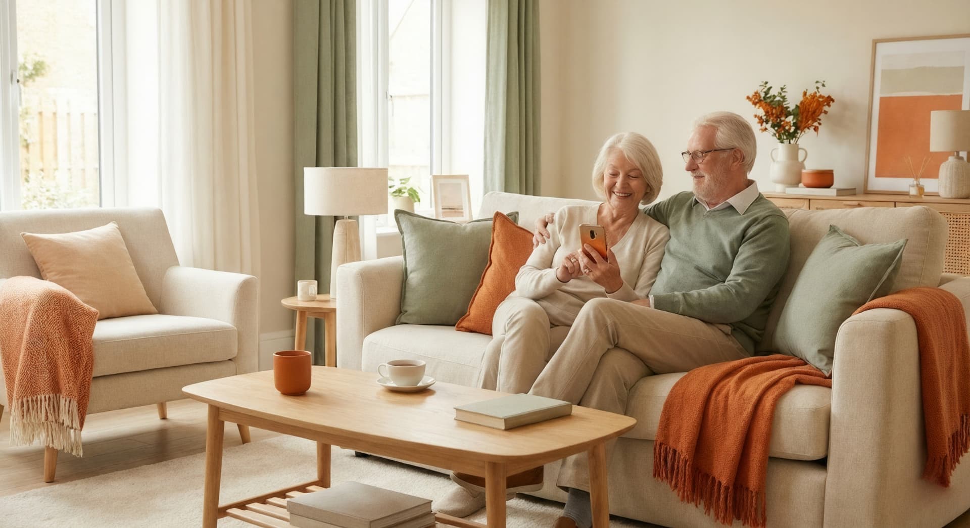 Älteres Paar sitzt gemeinsam auf dem Sofa und schaut lächelnd auf ein Smartphone